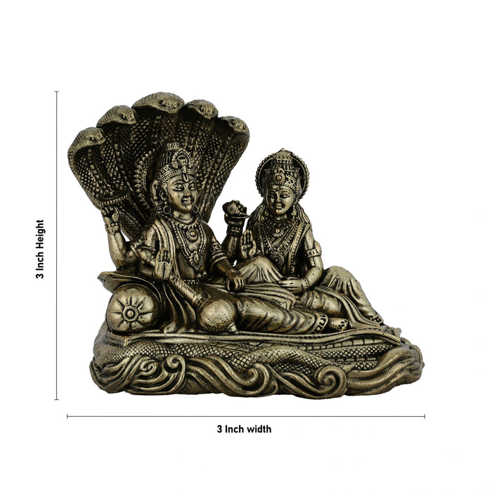 Vishnu Lakshmi Sitting on Sheshnag - 3 x 3 inches | Antique Brass Vishnu Lakshmi Idol / Murti for Home & Pooja Decor