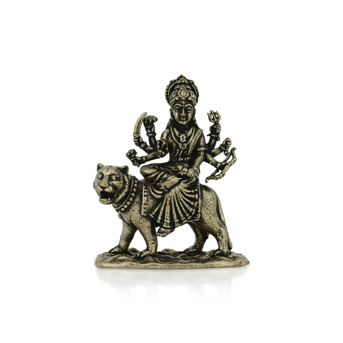Durga Murti Sitting On Tiger – 1 X 0.75 Inches | Antique Brass Durga Idol / Durga Statue For Pooja Room Decor