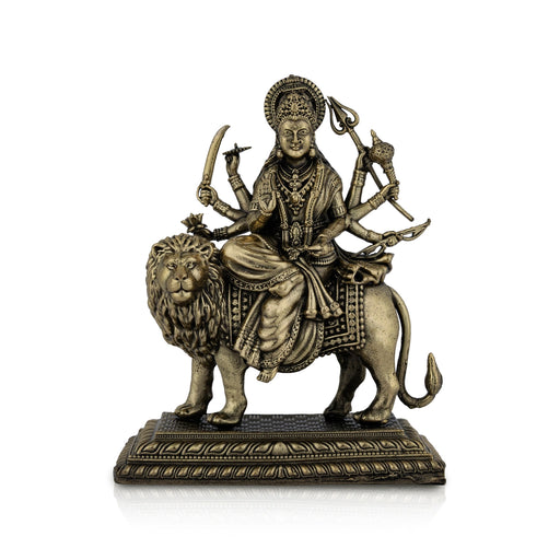 Brass Durga sitting on Lion Murti- 4.25 x 4.25 Inches | Antique Brass Idol/ Durga statue/ Decor For Home & Pooja - Brass Murties