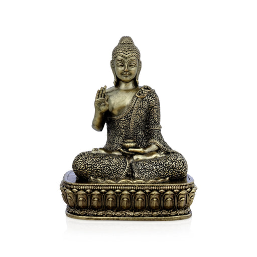 Brass Buddha Sitting On Flower Base Statue - 4 x 2.75 inches | Antique Brass Buddha Idol / Buddha Murti for Home - Brass Murties