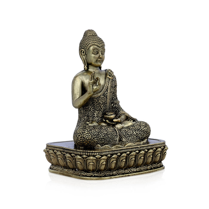 Brass Buddha Sitting On Flower Base Statue - 4 x 2.75 inches | Antique Brass Buddha Idol / Buddha Murti for Home - Brass Murties