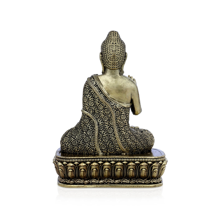 Brass Buddha Sitting On Flower Base Statue - 4 x 2.75 inches | Antique Brass Buddha Idol / Buddha Murti for Home - Brass Murties