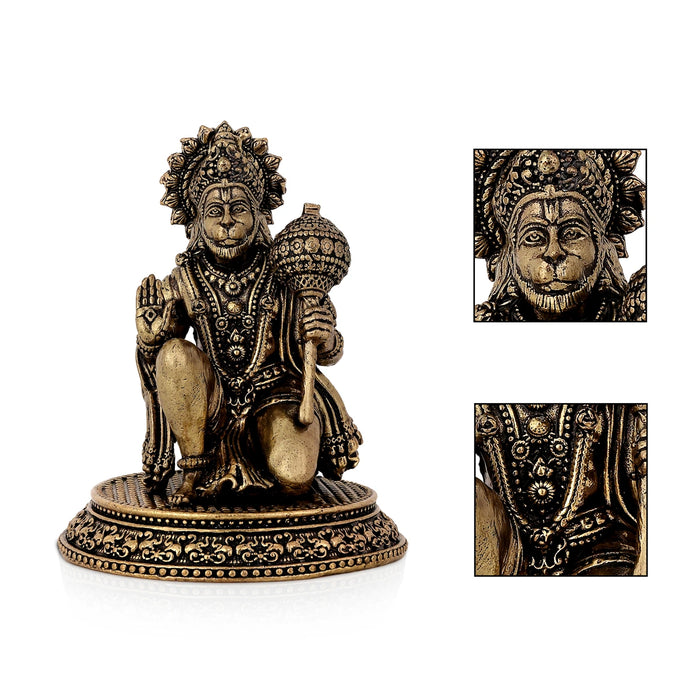 Hanuman Mandi On Base Murti -2.5 x 1.5 Inches | Antique Brass Statue/ Anjaneyar Sculpture For Home Decor - Brass Murties