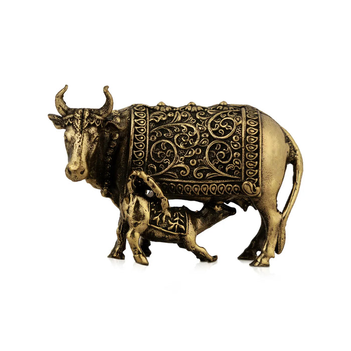 Cow & Calf Idol – 2 x 1.25 Inches | Antique Brass Kamadhenu Statue / Cow Calf Murti for Home & Pooja Decor