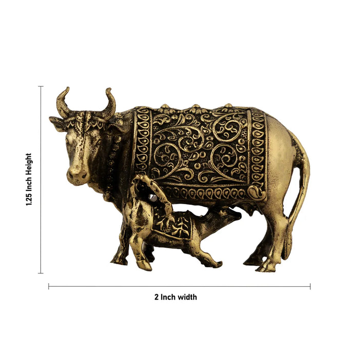 Cow & Calf Idol – 2 x 1.25 Inches | Antique Brass Kamadhenu Statue / Cow Calf Murti for Home & Pooja Decor