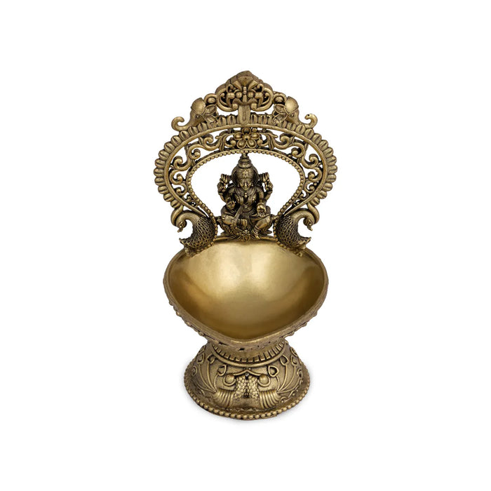 Lamp With Lakshmi Murti - 5.5 x 3 Inches | Brass Vilakku With Base/ Antique Polish Deepam for Pooja