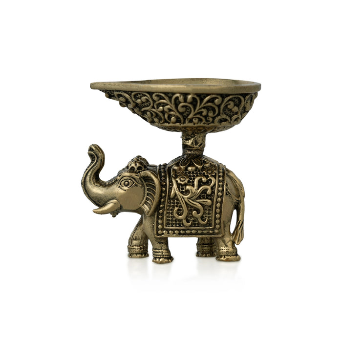 Elephant Diya - 2 x 2 Inches | Antique Brass Vilakku / Oil Lamp for Pooja Space