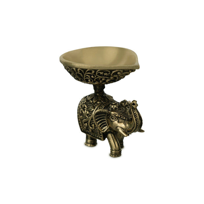 Elephant Diya - 2 x 2 Inches | Antique Brass Vilakku / Oil Lamp for Pooja Space