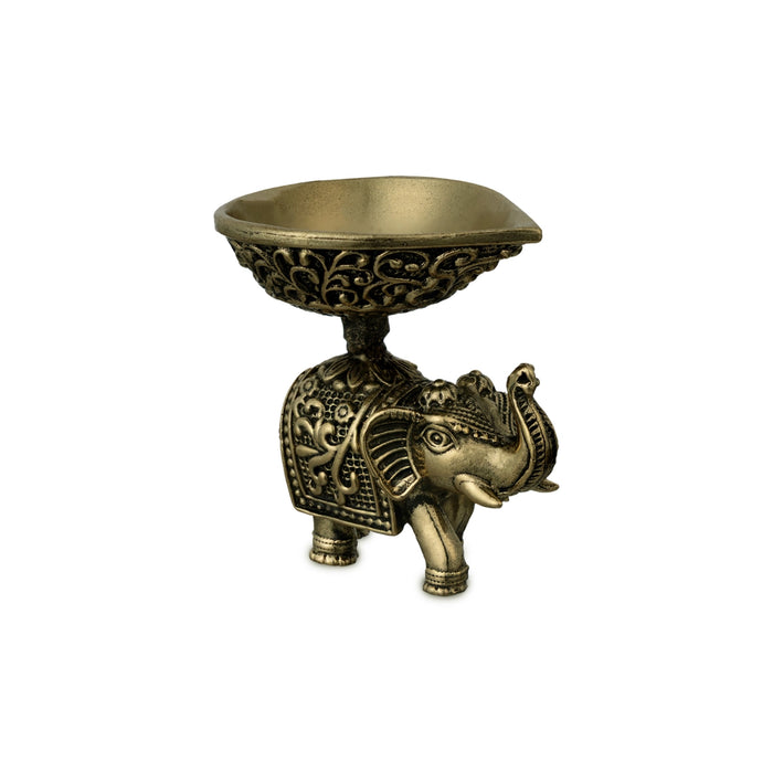 Elephant Diya - 2 x 2 Inches | Antique Brass Vilakku / Oil Lamp for Pooja Space