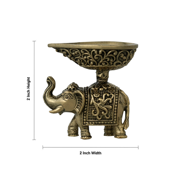 Elephant Diya - 2 x 2 Inches | Antique Brass Vilakku / Oil Lamp for Pooja Space