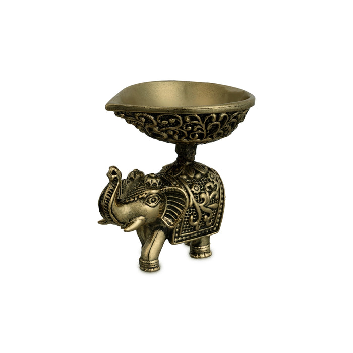 Elephant Diya - 2 x 2 Inches | Antique Brass Vilakku / Oil Lamp for Pooja Space