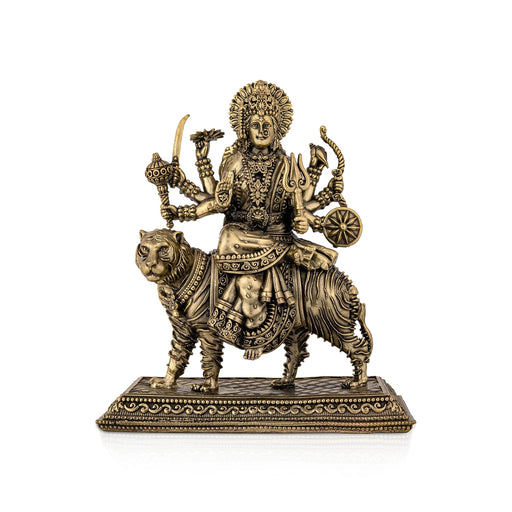 Brass Durga sitting on Tiger Murti- 6.5 x 5.5 Inches| Antique Brass Idol/ Durga statue/ Decor For Home & Pooja - Brass Murties