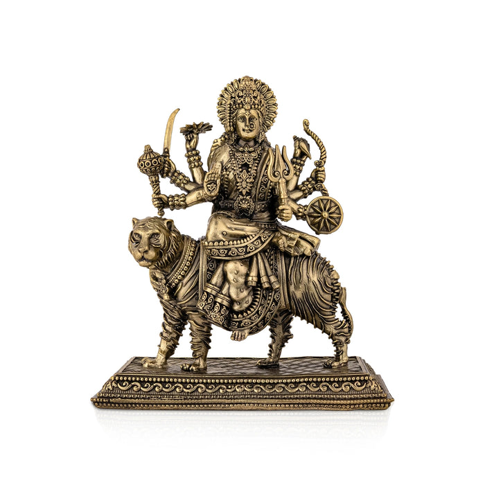 Brass Durga sitting on Tiger Murti- 6.5 x 5.5 Inches| Antique Brass Idol/ Durga statue/ Decor For Home & Pooja - Brass Murties