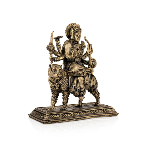 Brass Durga sitting on Tiger Murti- 6.5 x 5.5 Inches| Antique Brass Idol/ Durga statue/ Decor For Home & Pooja - Brass Murties