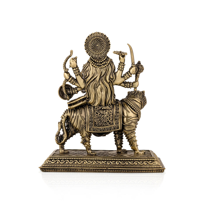 Brass Durga sitting on Tiger Murti- 6.5 x 5.5 Inches| Antique Brass Idol/ Durga statue/ Decor For Home & Pooja - Brass Murties