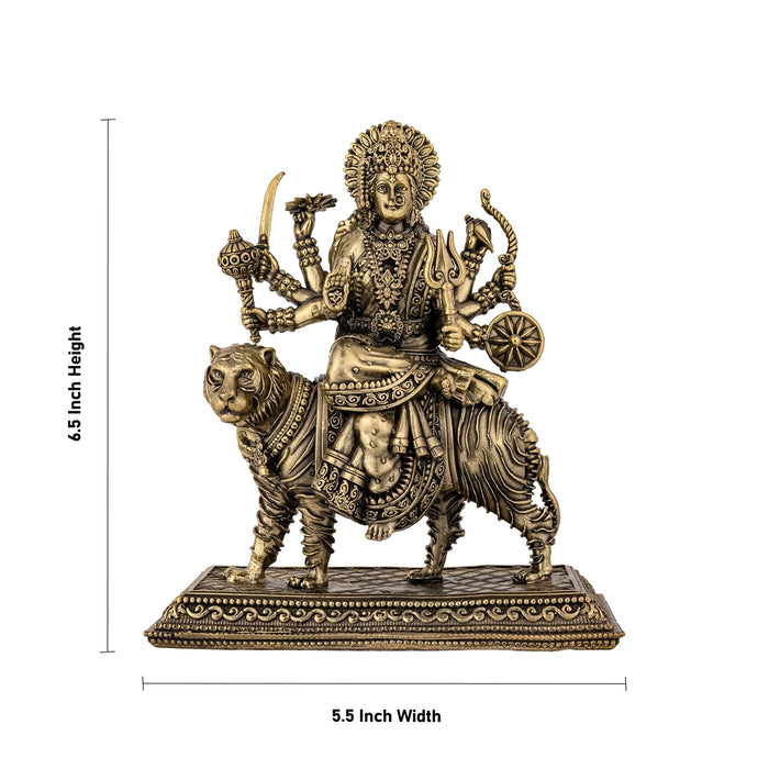 Brass Durga sitting on Tiger Murti- 6.5 x 5.5 Inches| Antique Brass Idol/ Durga statue/ Decor For Home & Pooja - Brass Murties