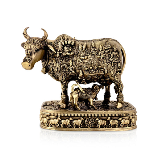Brass Cow & Calf Idol With Base - 5.25 x 6.25 Inches | Antique Idol/ Kamadhenu Idol for Pooja - Brass Murties