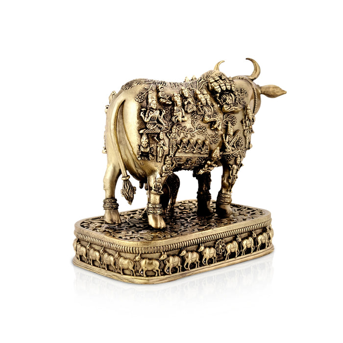 Brass Cow & Calf Idol With Base - 5.25 x 6.25 Inches | Antique Idol/ Kamadhenu Idol for Pooja - Brass Murties