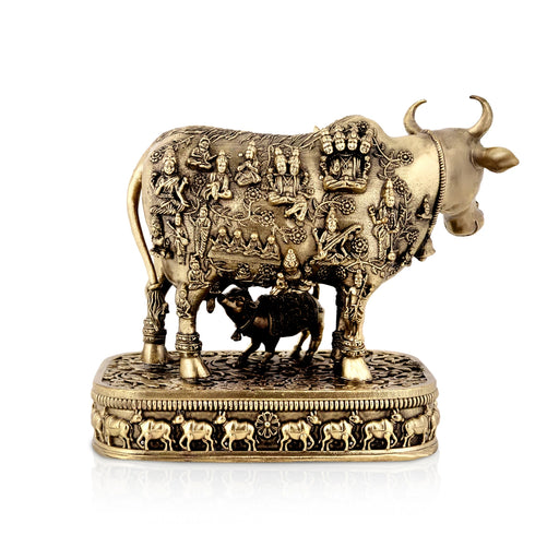 Brass Cow & Calf Idol With Base - 5.25 x 6.25 Inches | Antique Idol/ Kamadhenu Idol for Pooja - Brass Murties