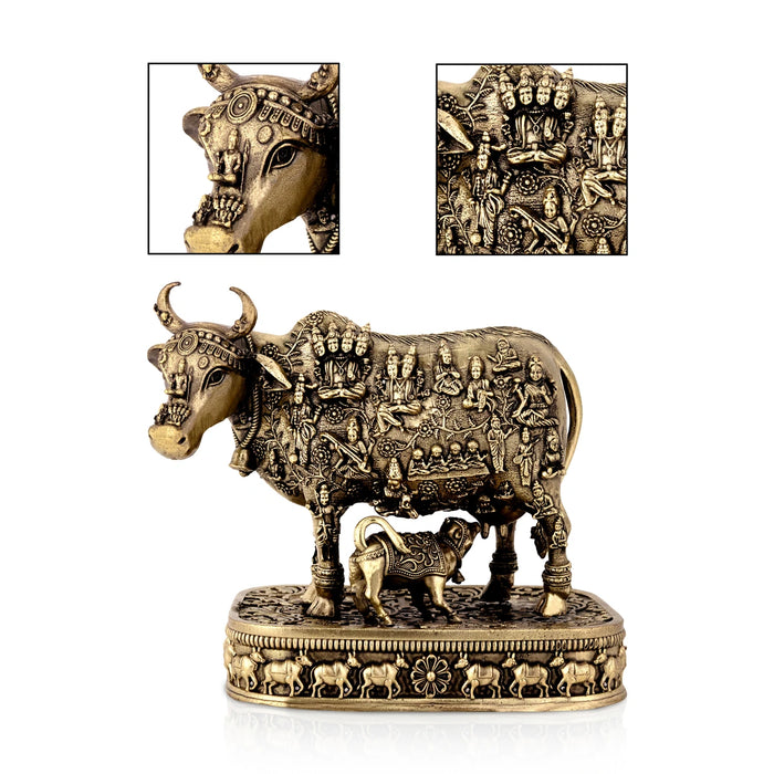 Brass Cow & Calf Idol With Base - 5.25 x 6.25 Inches | Antique Idol/ Kamadhenu Idol for Pooja - Brass Murties