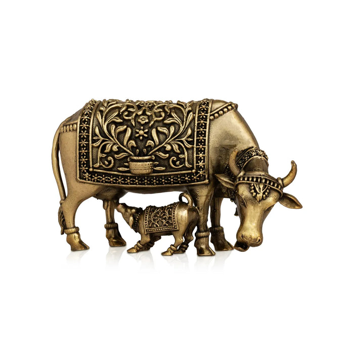Cow With Calf Idol - 4.5 X 3 Inches | Brass Idol/ Kamdhenu Cow And Calf Statue For Home & Gifting