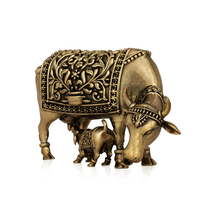 Cow With Calf Idol - 4.5 X 3 Inches | Brass Idol/ Kamdhenu Cow And Calf Statue For Home & Gifting