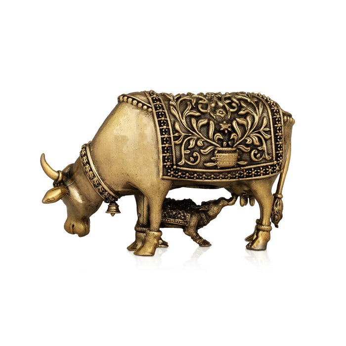 Cow With Calf Idol - 4.5 X 3 Inches | Brass Idol/ Kamdhenu Cow And Calf Statue For Home & Gifting