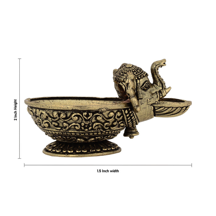 Elephant Face Deepam - 2 x 1.5 Inches | Antique Brass Vilakku / Decorative Lamp / Oil Diya for Pooja Room