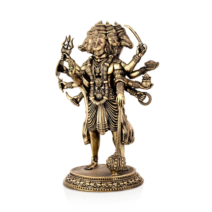 Panchamukha Hanuman Standing On Base Murti - 8 x 5.5 Inches | Antique Brass Statue/ Anjaneyar Sculpture For Home Decor - Brass Murties
