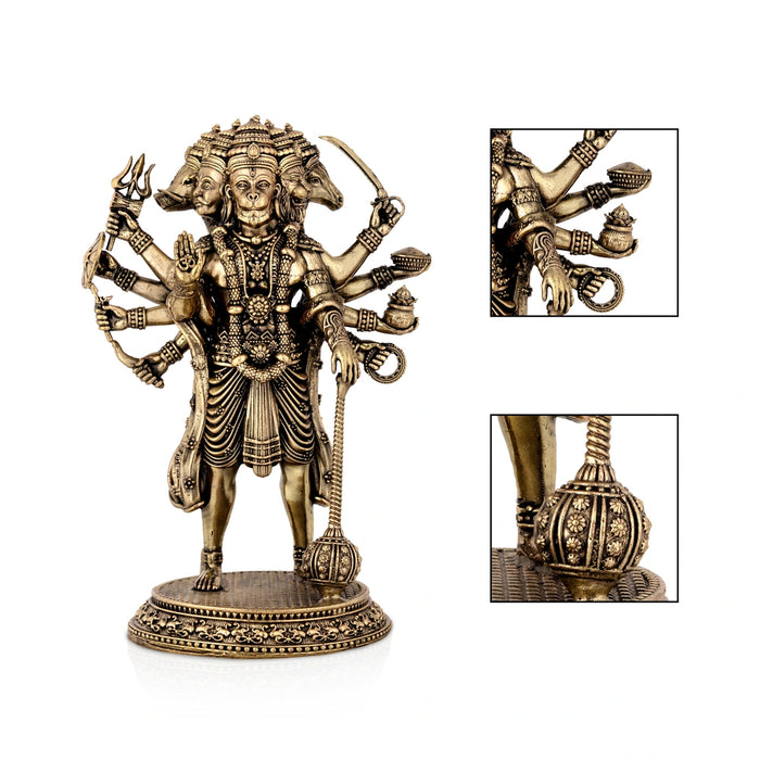 Panchamukha Hanuman Standing On Base Murti - 8 x 5.5 Inches | Antique Brass Statue/ Anjaneyar Sculpture For Home Decor - Brass Murties