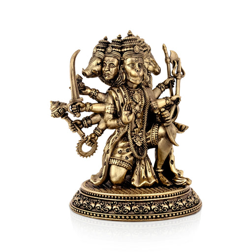 Panchamukhi Hanuman Mandi On Base Murti -7 x 5.5 Inches | Antique Brass Statue/ Anjaneyar Sculpture For Home Decor - Brass Murties