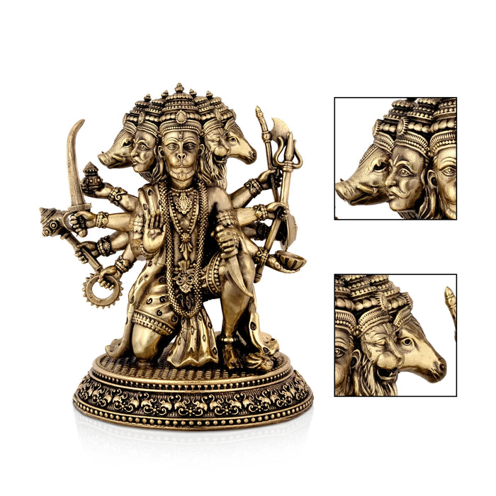Panchamukhi Hanuman Mandi On Base Murti -7 x 5.5 Inches | Antique Brass Statue/ Anjaneyar Sculpture For Home Decor - Brass Murties