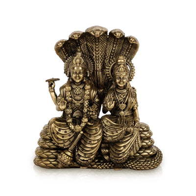 Vishnu Lakshmi Sitting on Sheshnag – 5.25 x 4.5 Inches | Antique Brass Vishnu Lakshmi Idol / Murti for Home & Pooja Decor