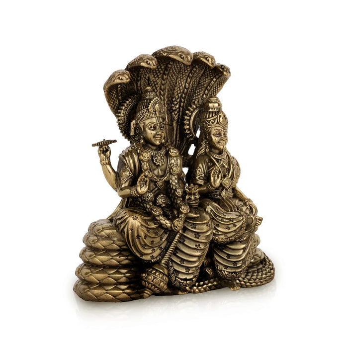 Vishnu Lakshmi Sitting on Sheshnag – 5.25 x 4.5 Inches | Antique Brass Vishnu Lakshmi Idol / Murti for Home & Pooja Decor