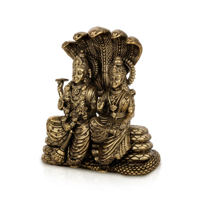 Vishnu Lakshmi Sitting on Sheshnag – 5.25 x 4.5 Inches | Antique Brass Vishnu Lakshmi Idol / Murti for Home & Pooja Decor