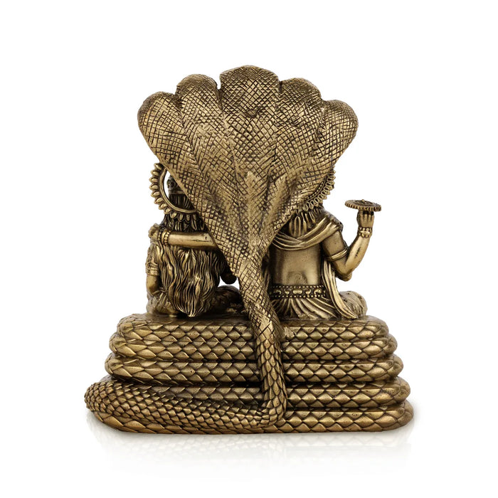 Vishnu Lakshmi Sitting on Sheshnag – 5.25 x 4.5 Inches | Antique Brass Vishnu Lakshmi Idol / Murti for Home & Pooja Decor