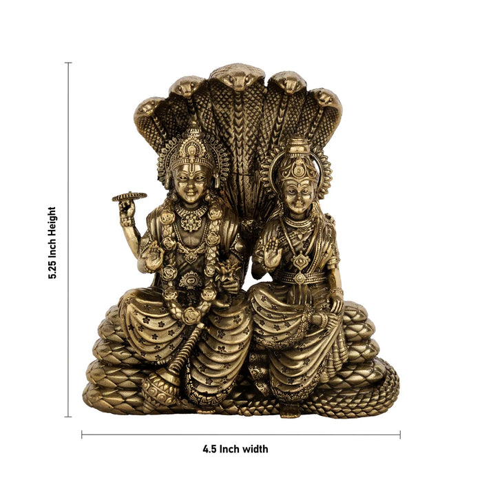 Vishnu Lakshmi Sitting on Sheshnag – 5.25 x 4.5 Inches | Antique Brass Vishnu Lakshmi Idol / Murti for Home & Pooja Decor