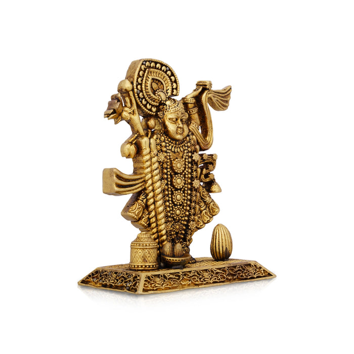 Bihari Shrinathji Murti Standing On Base - 4.5 x 3.5 Inches | Antique Brass Idol/ Krishna Murti for Pooja - Brass Murties