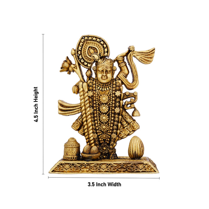 Bihari Shrinathji Murti Standing On Base - 4.5 x 3.5 Inches | Antique Brass Idol/ Krishna Murti for Pooja - Brass Murties