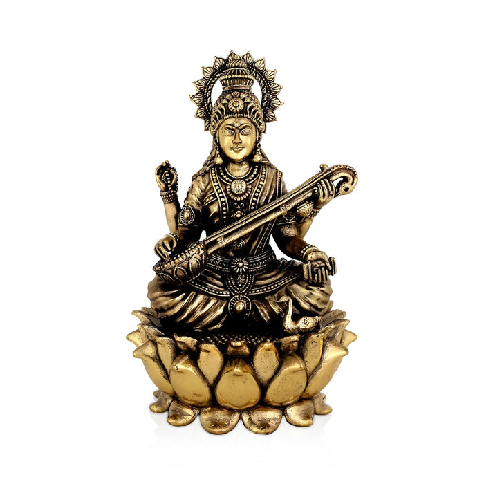 Saraswati Sitting on Kamal Base Murti - 5.25 x 3.5 inches | Antique Brass Idol / Vagdevi with arch Statue for pooja - Brass Murties