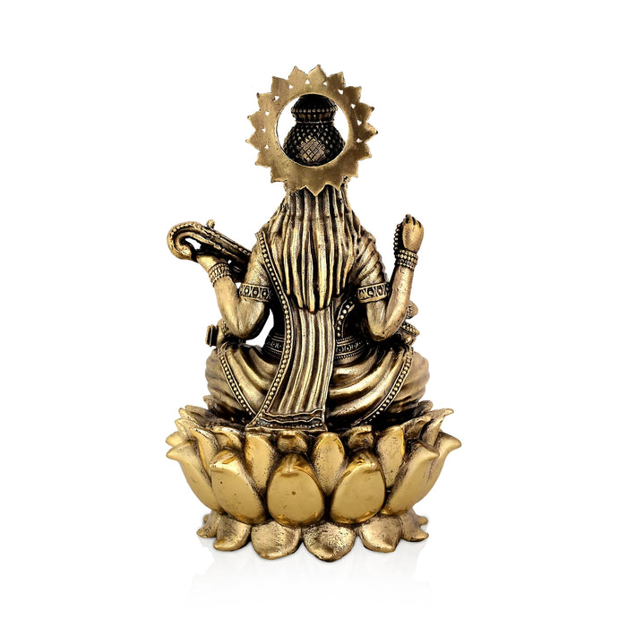 Saraswati Sitting on Kamal Base Murti - 5.25 x 3.5 inches | Antique Brass Idol / Vagdevi with arch Statue for pooja - Brass Murties