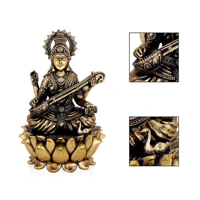 Saraswati Sitting on Kamal Base Murti - 5.25 x 3.5 inches | Antique Brass Idol / Vagdevi with arch Statue for pooja - Brass Murties