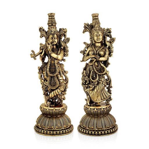 Radha Krishna Standing On Base Murti - 8.5 x 3 Inches | Antique Brass Idol / Radha Krishna Statue For Home - Brass Murties