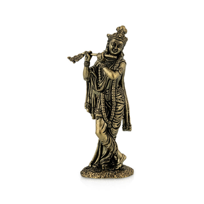 Flute Krishna Standing On Base Murti - 3.75 x 1.5 Inches | Antique Brass Idol/ Krishnar Statue For Pooja Space