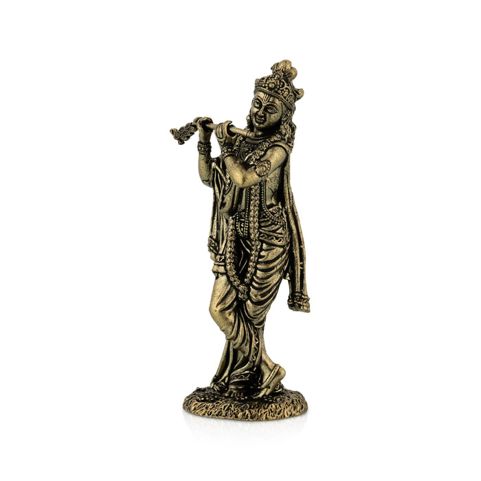 Flute Krishna Standing On Base Murti - 3.75 x 1.5 Inches | Antique Brass Idol/ Krishnar Statue For Pooja Space