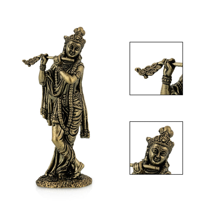 Flute Krishna Standing On Base Murti - 3.75 x 1.5 Inches | Antique Brass Idol/ Krishnar Statue For Pooja Space