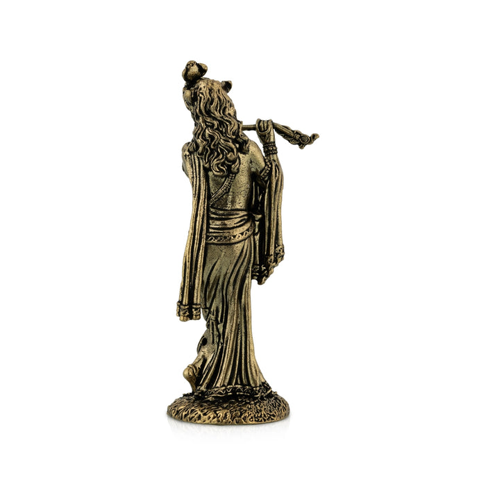 Flute Krishna Standing On Base Murti - 3.75 x 1.5 Inches | Antique Brass Idol/ Krishnar Statue For Pooja Space
