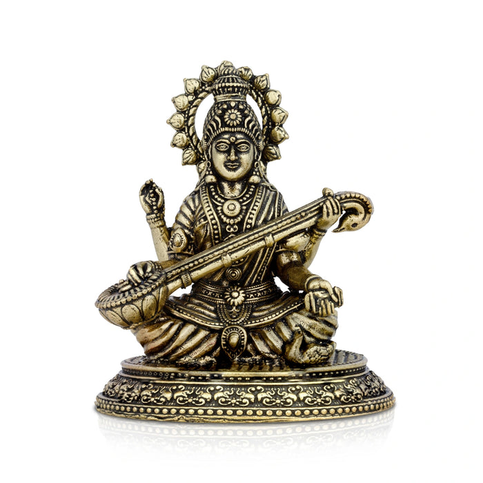 Saraswati Sitting On Base Murti - 0.5 x 2.25 Inches | Antique Brass Idol / Saraswathi Statue For Home & Pooja