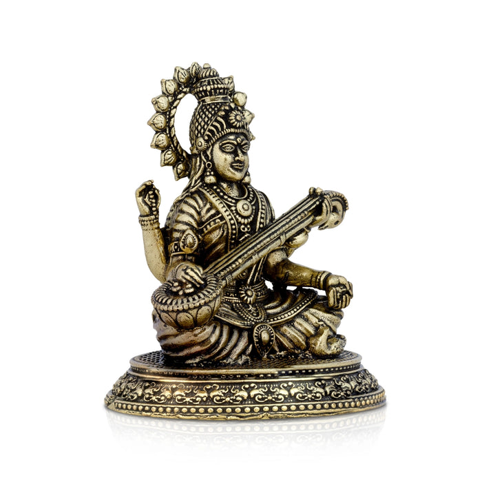 Saraswati Sitting On Base Murti - 0.5 x 2.25 Inches | Antique Brass Idol / Saraswathi Statue For Home & Pooja