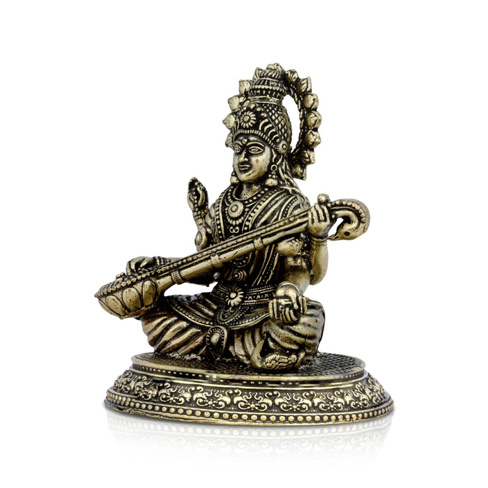 Saraswati Sitting On Base Murti - 0.5 x 2.25 Inches | Antique Brass Idol / Saraswathi Statue For Home & Pooja